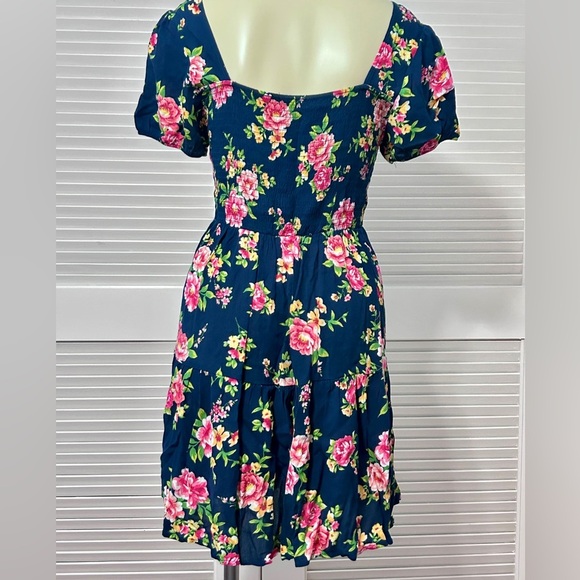 Ambiance Blue Floral Boho Square Neck Pleated Dress Size L - Picture 7 of 9